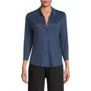 NEW MAJESTIC FILATURES stretch linen 3/4 sleeve shirt in bleu taormina